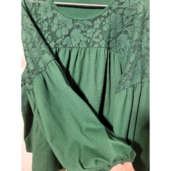 ZAC & RACHEL Blouse 2X Lace Gauze Bell Sleeve Boho Green Peasant Floral Casual - Picture 10 of 10